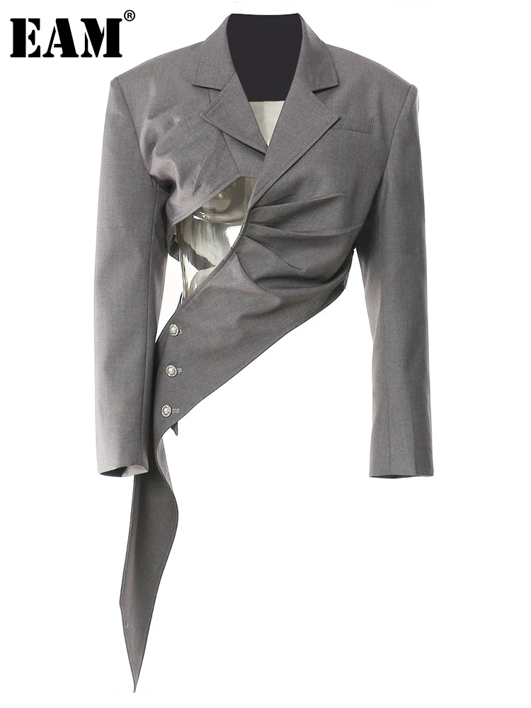 EAM-chaqueta holgada de manga larga para mujer, Blazer elegante plisado Irregular, color gris, a la moda, para primavera y otoño, 2024, 1DF9442