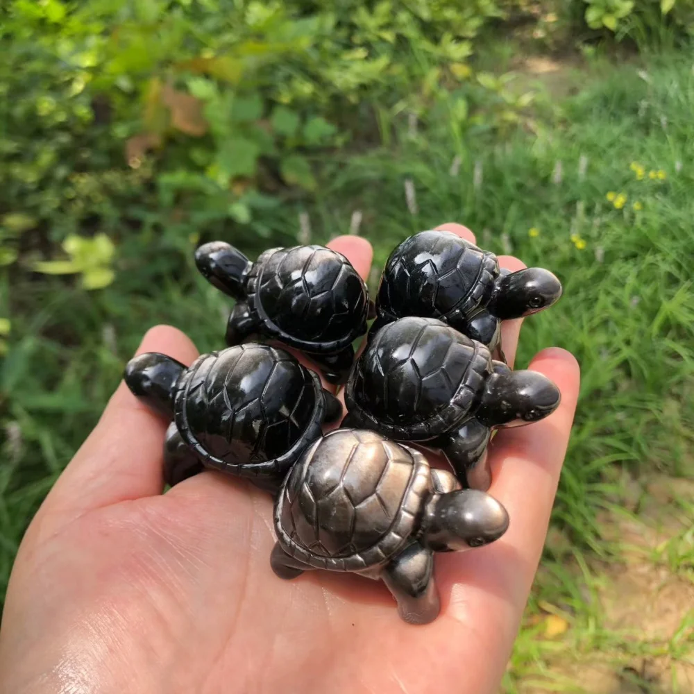 Natural Silver Obsidian Sheen Tortoise Figurine Hand Carved Crystal Animal Statue Reiki Energy Stone Desktop Ornament Gift