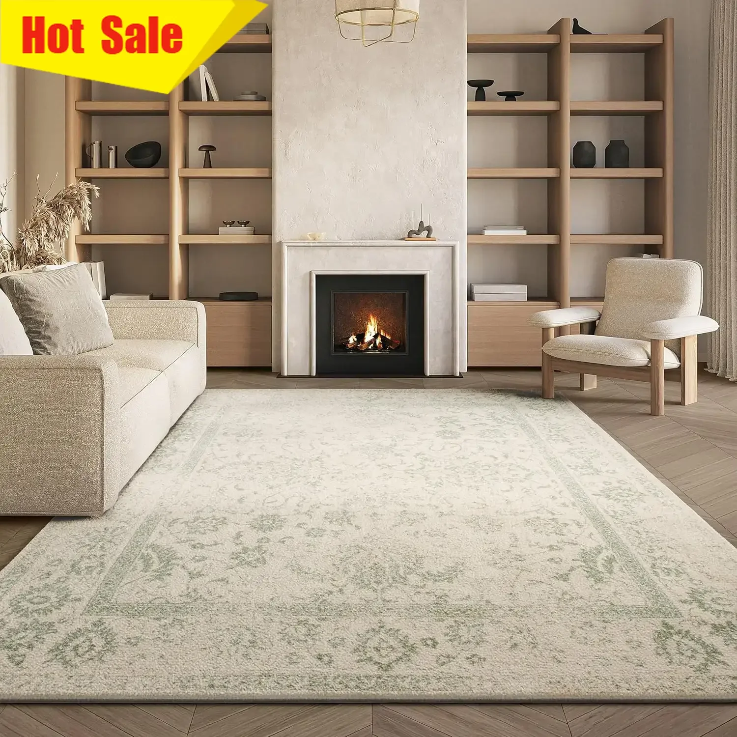 8x10 Distressed Vintage Floral Ivory Sage Area Rug Non Shedding Easy Clean Ideal For Living Room Bedroom Dining Space