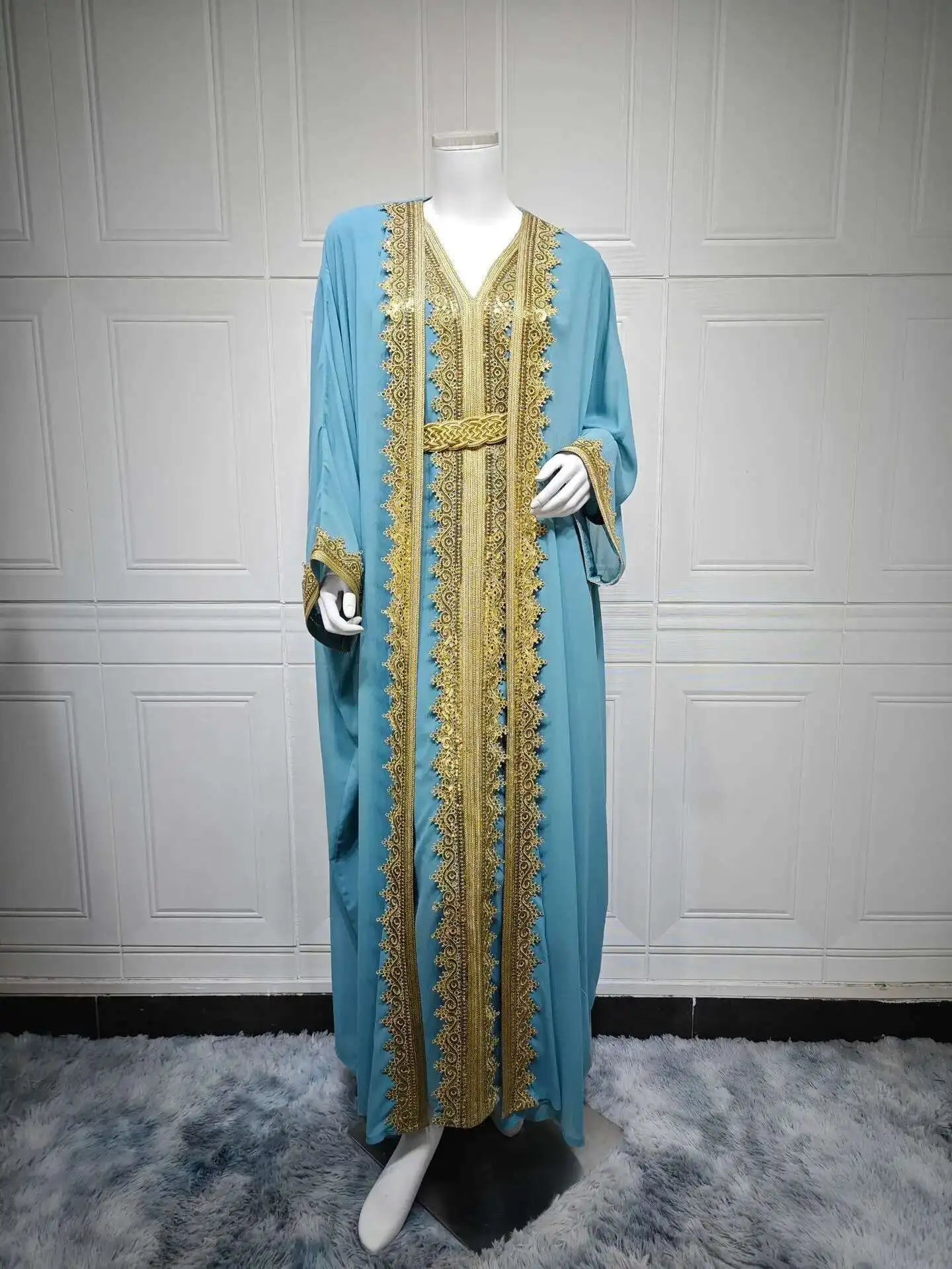 

Women's Summer Ab465 Lace Ribbon Splicing Robe Two Piece Set with Belt Chiffon Dress Abaya Ramadan Dubai Luxury Islam Elegant