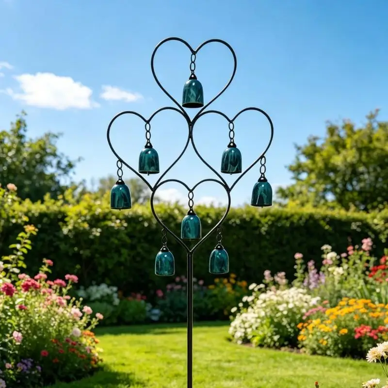 Heart Frame Garden Stake Iron Yard Piece with Green Hanging Pieces for Lawn Border, Flower Zone, Balcony, and Yard Garden Y5GB