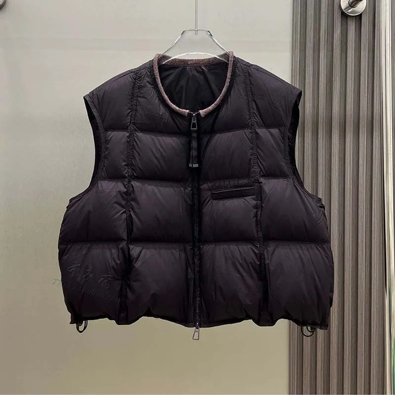 Autumn Winter White Duck Down Waistcoat 2026 New Women Fashion Loose Casual Round Collar Vets Pure Colour Black Outerwear Female