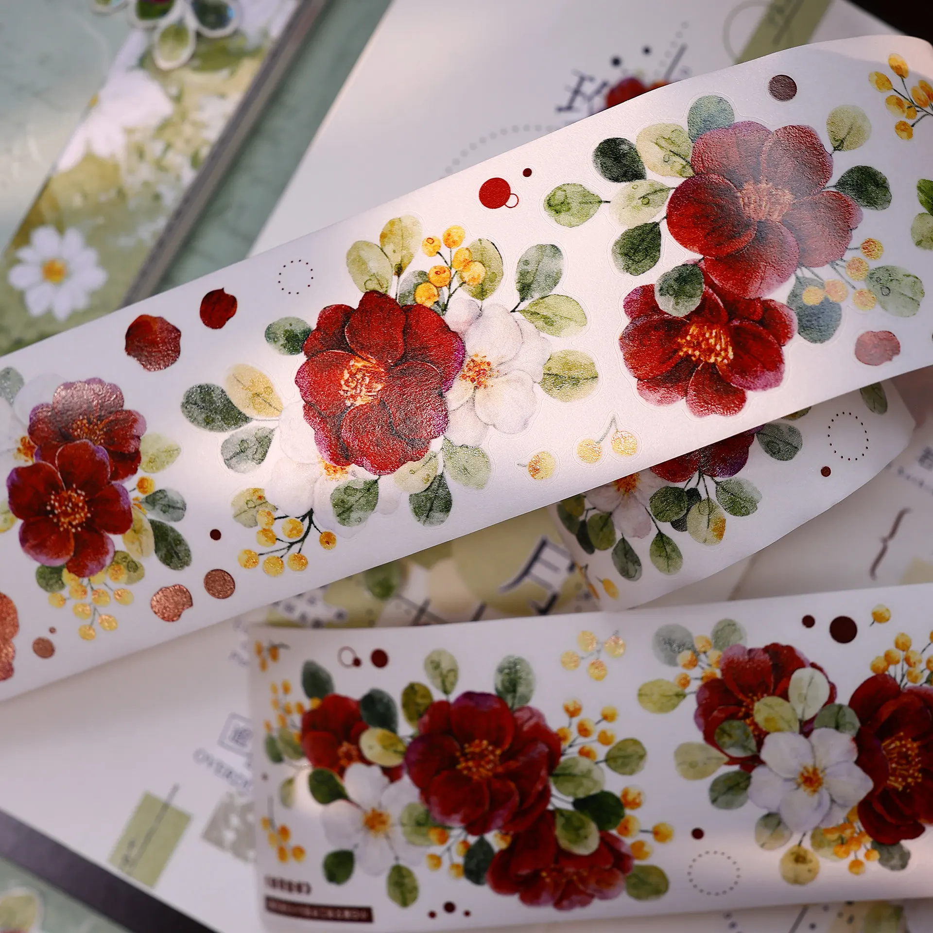 Vintage Red Brown Camellia Floral Washi PET Die-Cut Collage Tape for Journal Scrapbooking DIY Craft Decor