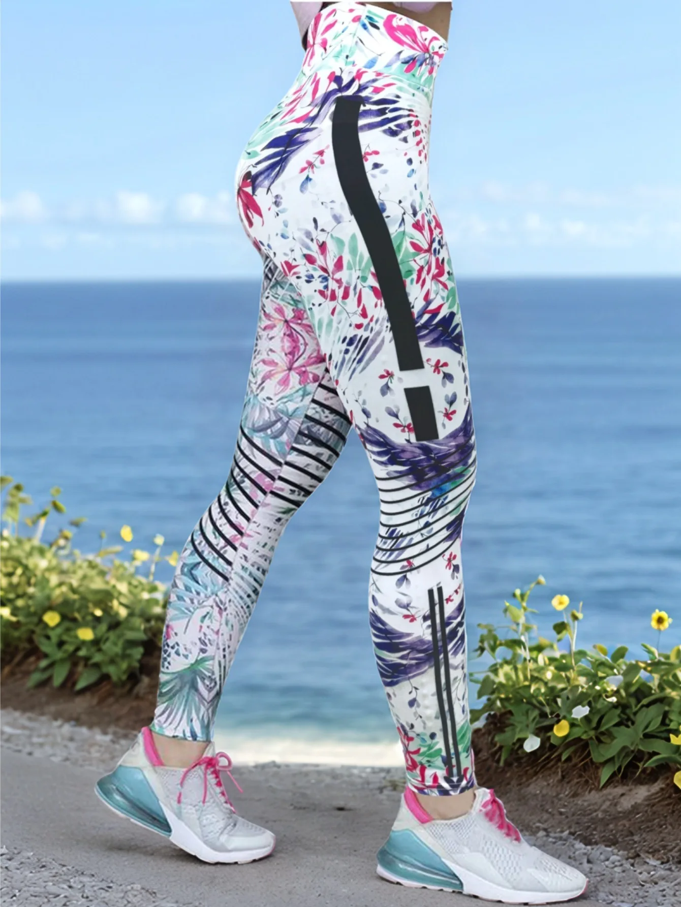 Women's Fashion Print High-Waist Seam Yoga Pants Tummy Control Butt Lifting Sport Long Trousers Soft Breathable