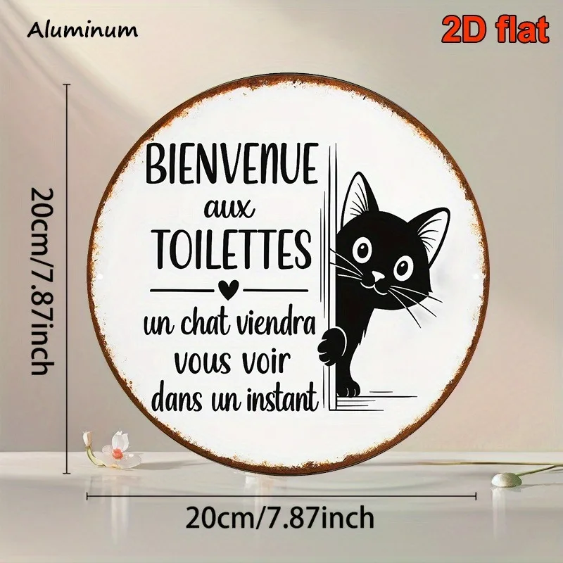 1pc 2D Flat,  French Cat Welcome Sign Round wood Bathroom Plaque with Cute Cat  Pet-Friendly Toilet Door Hanger