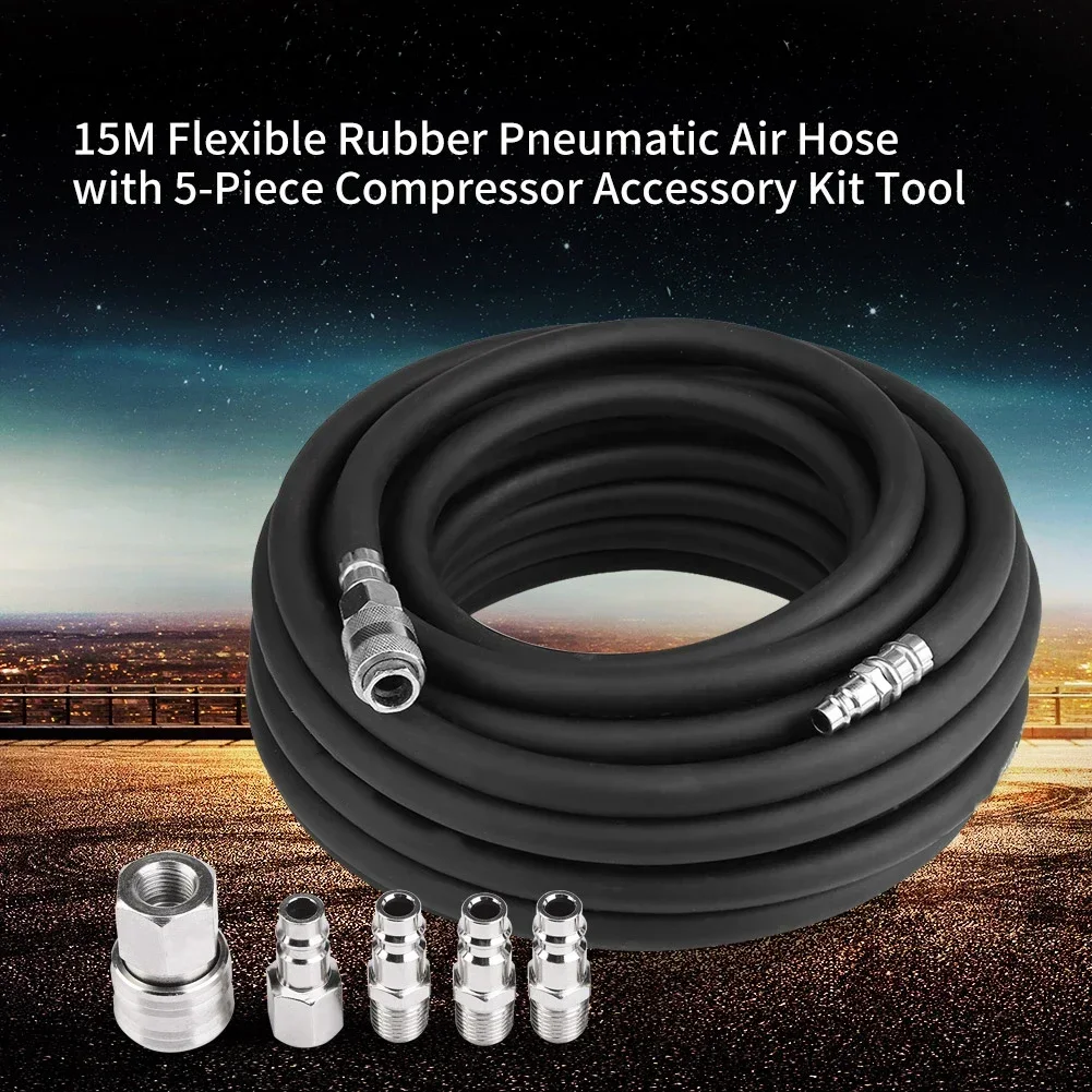 15M Flexible Rubber Pneumatic Air Hose with 5‑Piece Compressor Accessory Kit Tool Air Compressor Hose Accessory Air Hose kit