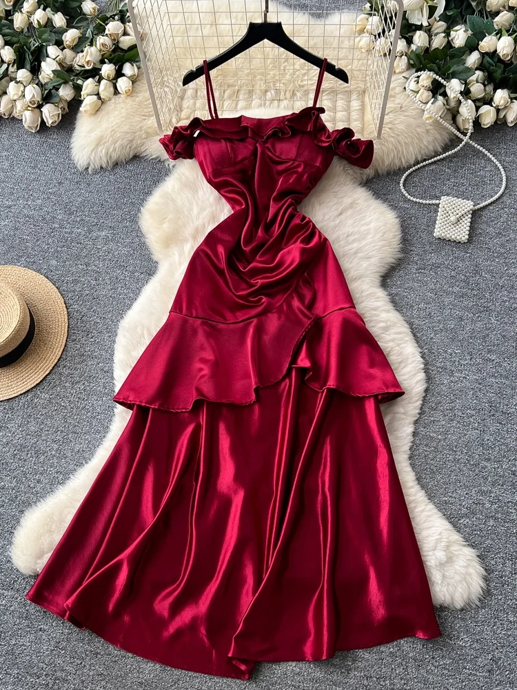 تنورة نسائية متوسطة الطول من الساتان والحرير باللون الأحمر على شكل حرف a بخصر عالٍ فستان مناسب للتنقل الفرنسي Sle Ci