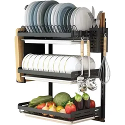 Escurridor de platos de acero inoxidable negro de 3 niveles, cesta de almacenamiento de frutas y verduras con escurridor