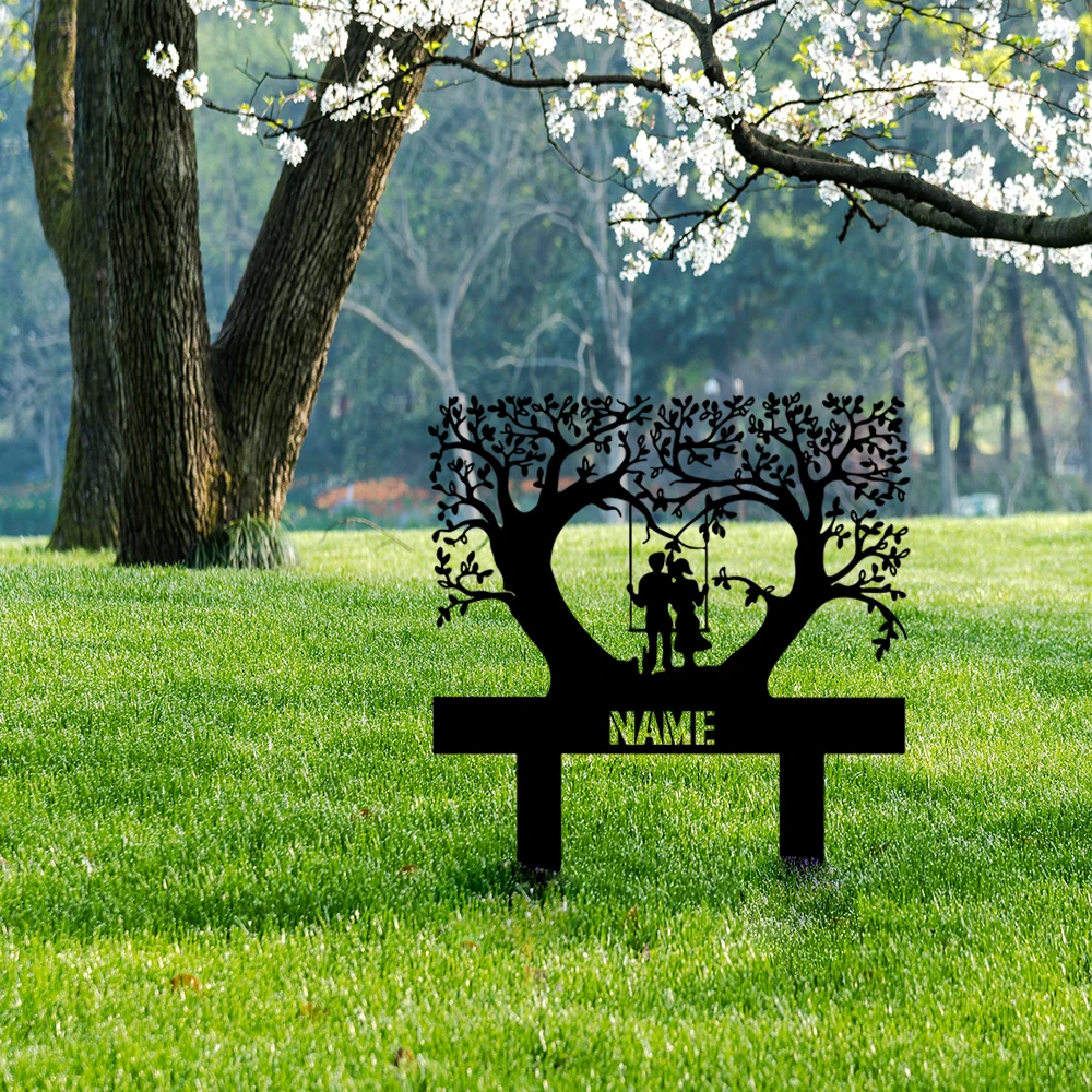 

1pc nice Couple swinging under a tree Personalized Name Ground plugging Tin Plate Signs for park garden decor