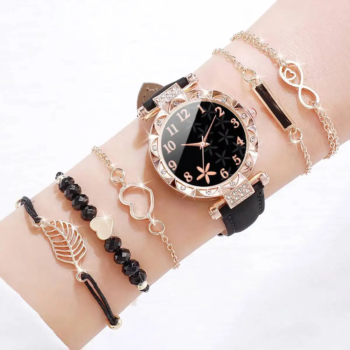 Reloj de pulsera y pulseras de cuero PU analógico para mujer, reloj de cuarzo de flores casuales, 6 piezas por juego