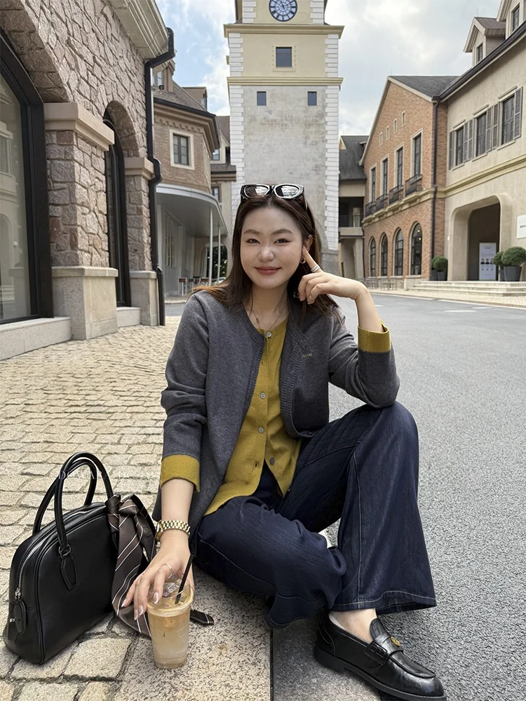 

Свитер большого размера, вязаный, свободного кроя, в стиле колор-блок, с длинными рукавами, круглым вырезом, повседневный осенний топ для полных женщин.