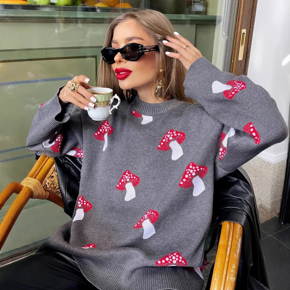 Casual Sweater Jacket Temperament Women's Clothing Loose  Style Mushroom Printing Contrasting Color Pullover Autumn and Winter