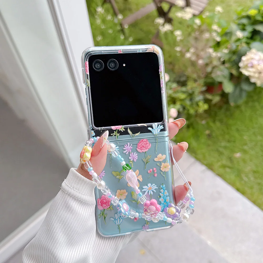 Für Motorola Razr 60 50 40 Ultra 60U Fall Blume Transparent Falten mit Armband Stoßfest Harte PC Abdeckung Zubehör Funda