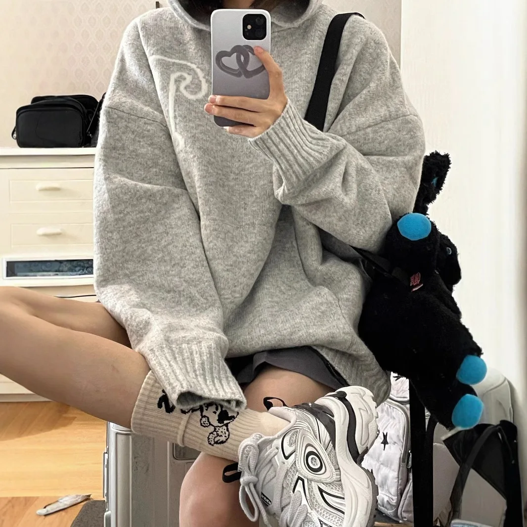 Korean Retro Knitted Women's Hooded Sweatshirt Y2k Streetwear Autumn Winter Harajuku Casual Loose Hooded Jacket for Women Coat