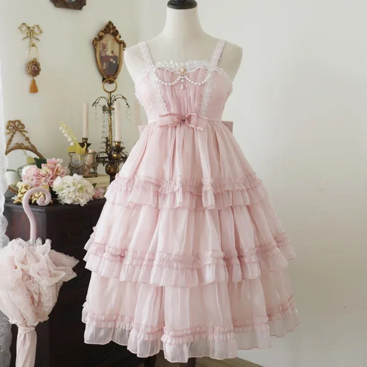 Viktorianisches Lolita-Hosenträgerkleid, Damen-Gothic-Kleid mit Puffärmeln, kurzen Ärmeln, laminierten Rüschen, Mini-Kleid mit Schleife und Rüschen, Prinzessinnenkleid – Detail 2
