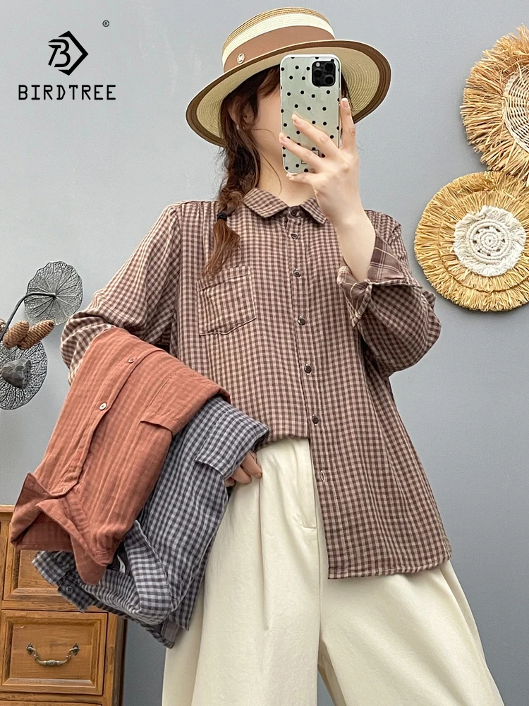 

New 2025 Autumn Cotton Yarn Long Sleeve Shirt, Women Turn-down Collar Plaid, Mori Girl Breathable Casual Loose Blouse T58749CC