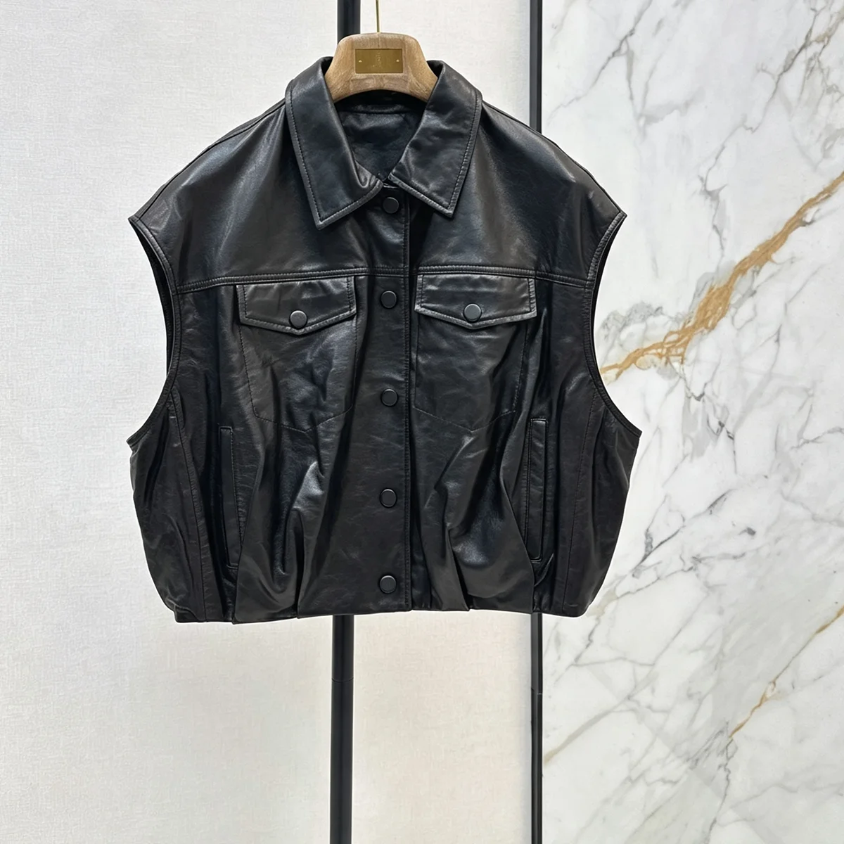 High Quality Women Lapel Sleeveless Vest Cropped Elastic Hem Button Pocket Casual Outerwear Gilet lyt28728122