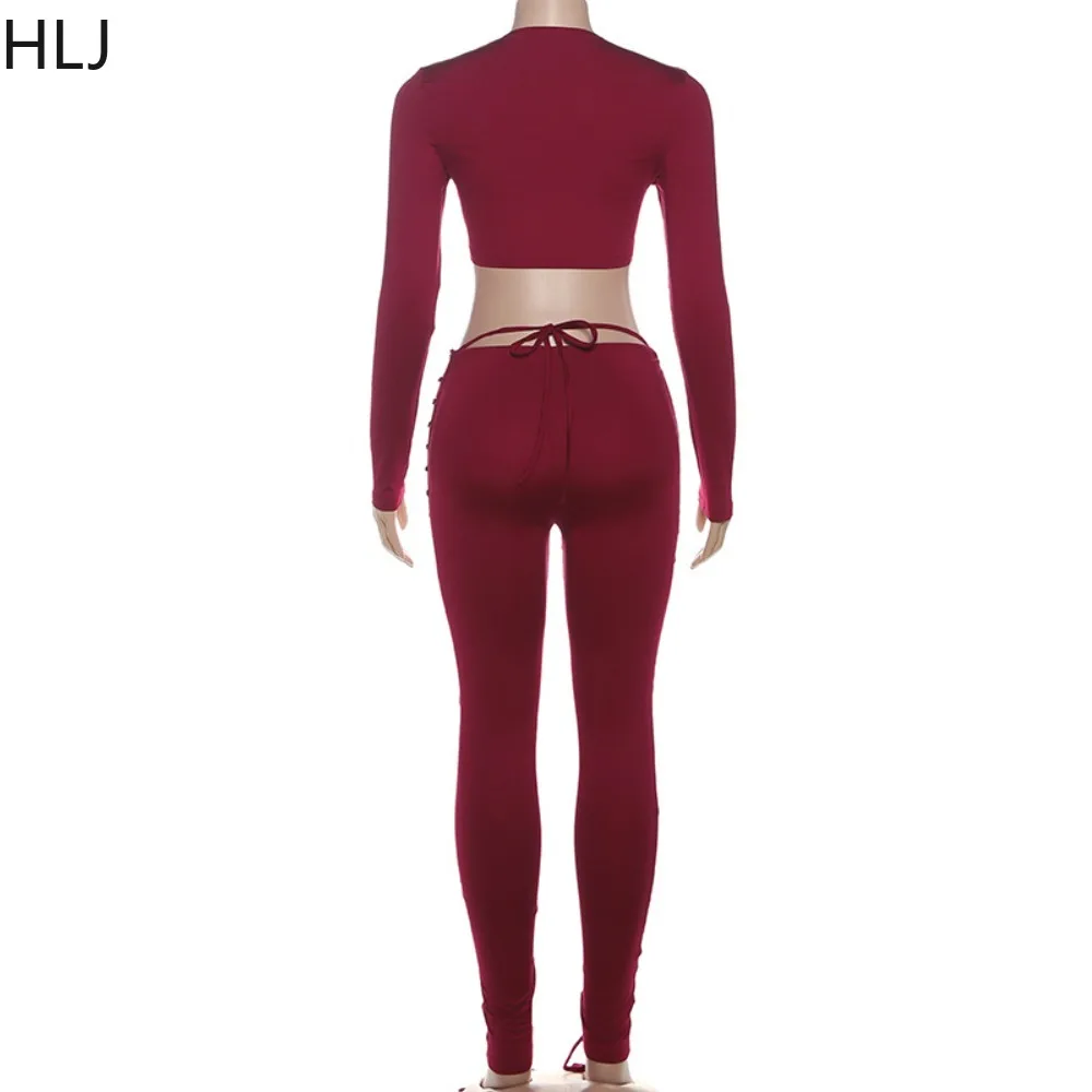 HLJ Y2k Fashion Bandage Patchwork Two Piece Outfits Woman Solid Color Long Sleeve Crop Top and Pants Matching Female Streetwear