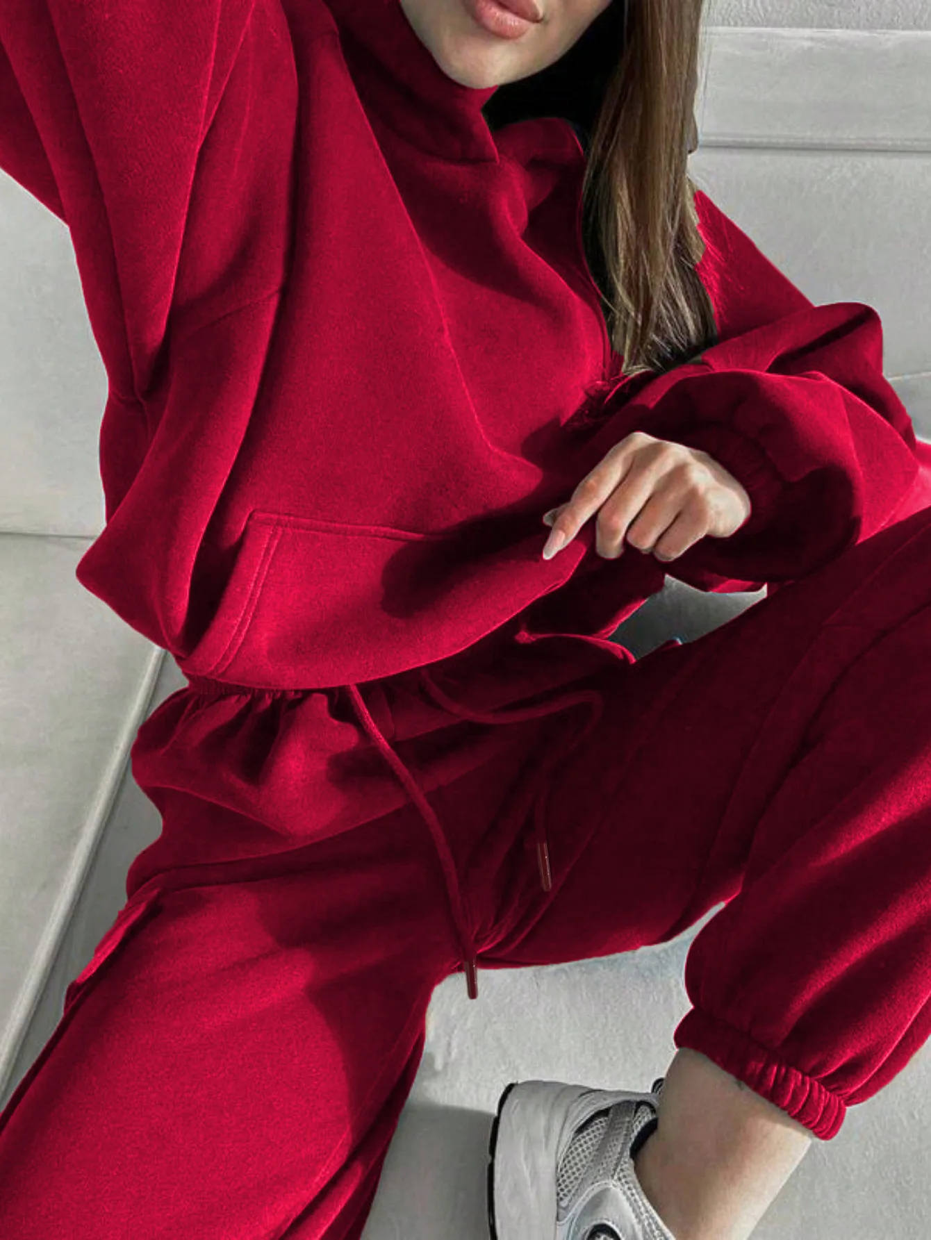 Women\'s Hoodie Set Solid Color Pullovers Kangaroo Pocket Sweatshirt Cargo Pants Set Drawstring Loose Casual Female\'s 2pcs Sets