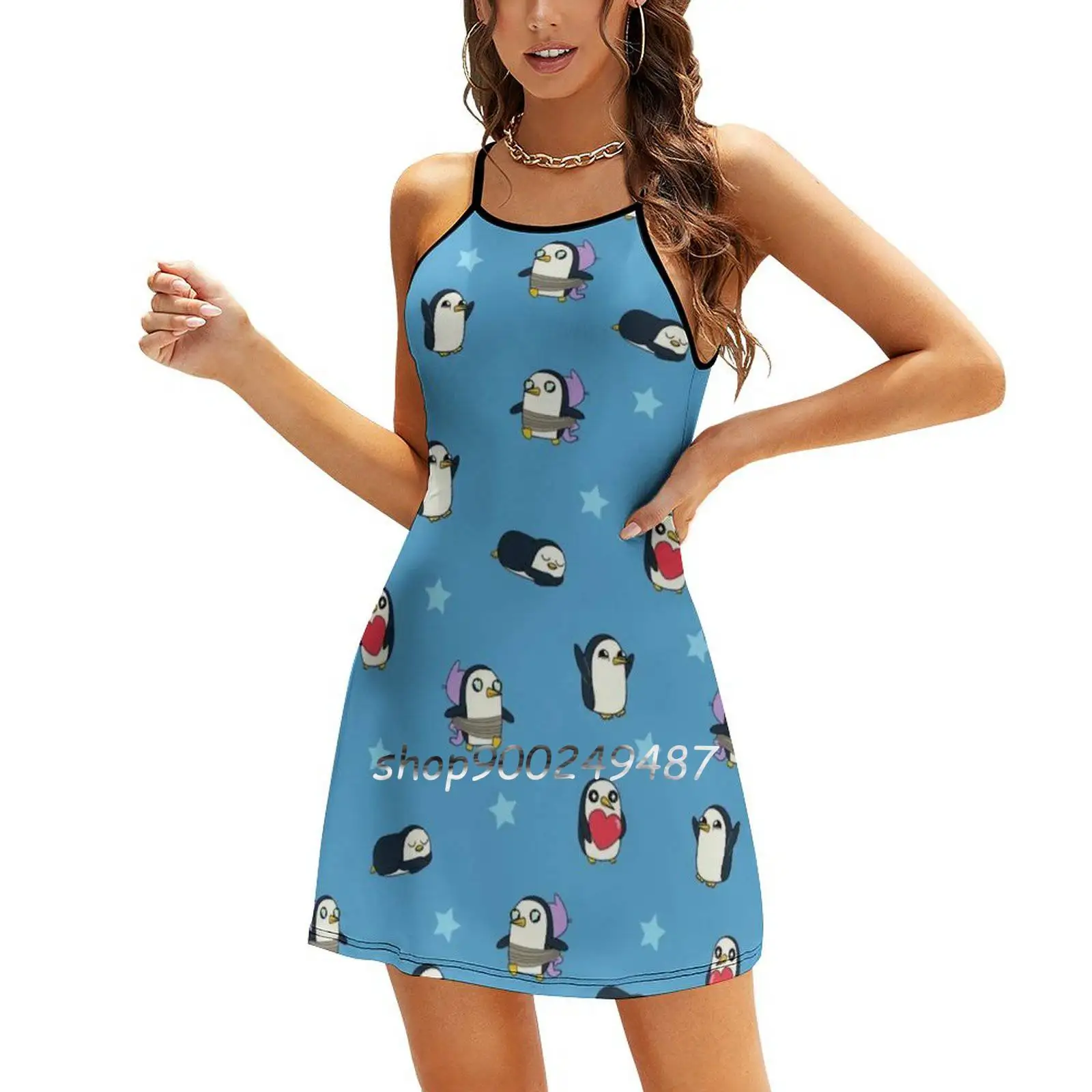 Gunter Pattern ( Blue ) Dresses For Women A-Line Korea Style Slim Long Sleeve Dress Adventure Time Adventure Time Gunter