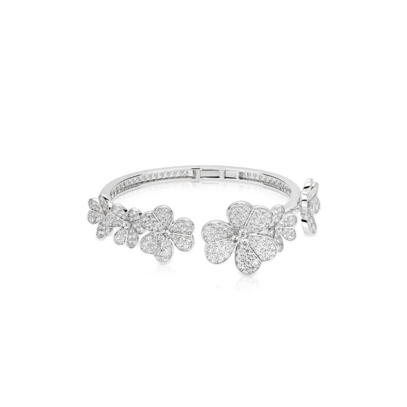 Cameo 925 Sterling Silver Gold Plated Open Bangle for Women Full Paved 5A Cubic Zirconia White Clover Flower Cuff Bracelet