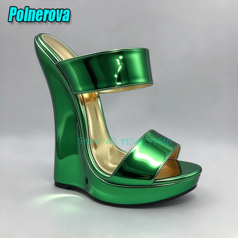 Women Open Toe Platform Wedge Slippers Metallic Mirror Patent Leather Wide Strap High Heel Sandals Fashion Party Nightclub Shoes