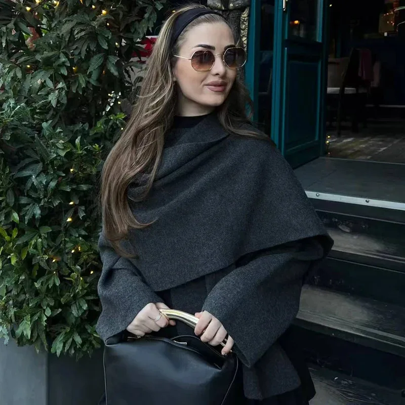 THRUM 2026 Autumn Winter Scarf Collar Cropped Knit Coat Chic Loose Warm Commuter Daily All-match Ladies Knitted Outer Jacket