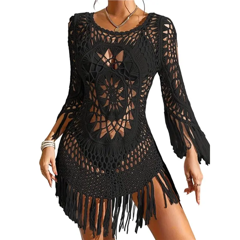 CGDS-Women Bohemian Handmade Crochet Hollow Mesh Long Tassel Hem See Through Loose Beach Cover Up Dress