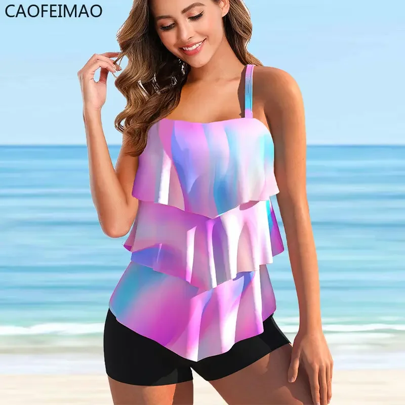 2025 nuevo Bikini de verano para mujer, Tankini de cintura alta, traje de baño, traje de baño con estampado abstracto, conjunto de dos piezas para mujer, Monokini