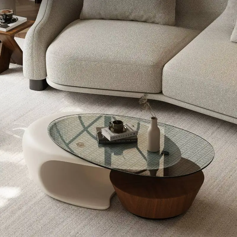 European Brown Walnut Coffee Tables Glass Top Oval Designer Center Coffee Tables Decor Luxury Mesa De Centro Living Furniture