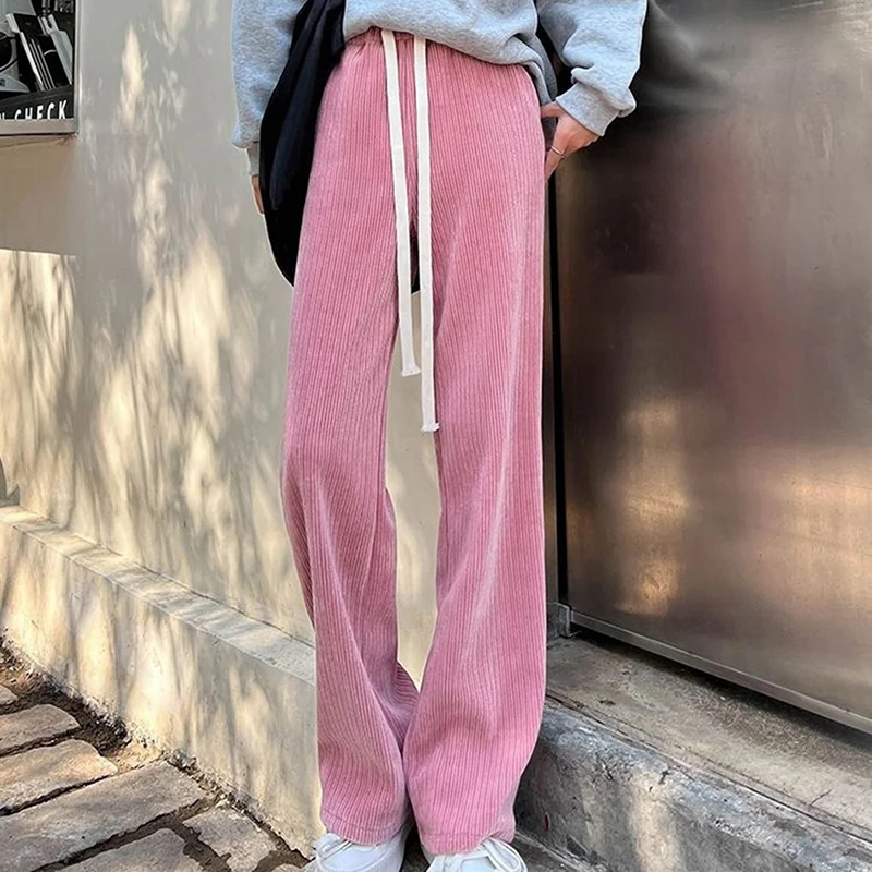 Women High Stretch Waist Wide Leg Pants Summer Drawstring Loose Long Rib Knitted Trousers