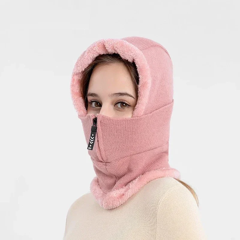 

Women Winter Keep Warm Hat with Scarf Fleece Lining Pullover Cap for Outdoor Cycling Knitted Neck Gaiter Hoodie with Face Mask