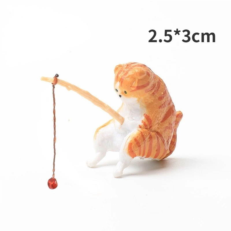 Cute Fishing Cat Fishbowl Fishing Figure Fisherman Figurine Cat Fishing Rod Seals Figures Cat Decoration Interior Accessories