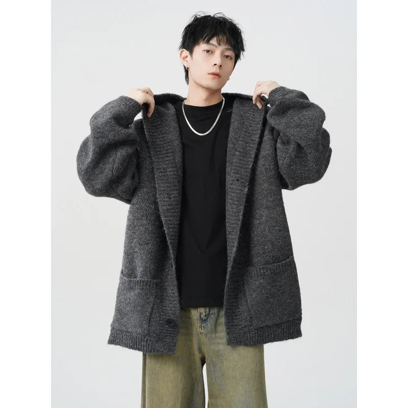 الربيع والخريف رمادي عارضة سترة مشغولة من الصوف مقنعين سترة جيب الكورية الأزياء سترة Y2K ملابس رجالية #2