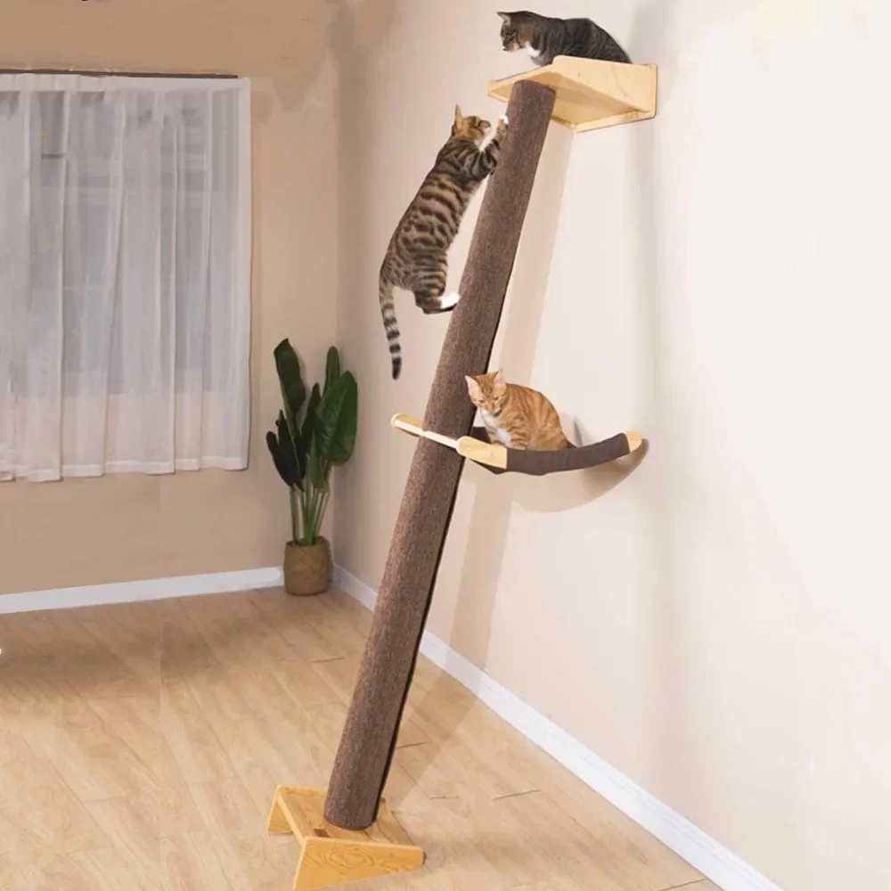 

Modern 78.7“ Tall Leaning Wall Carpet Cat Tree Tower Scratching Post Pillar With Cat Bed Hammock Perch||