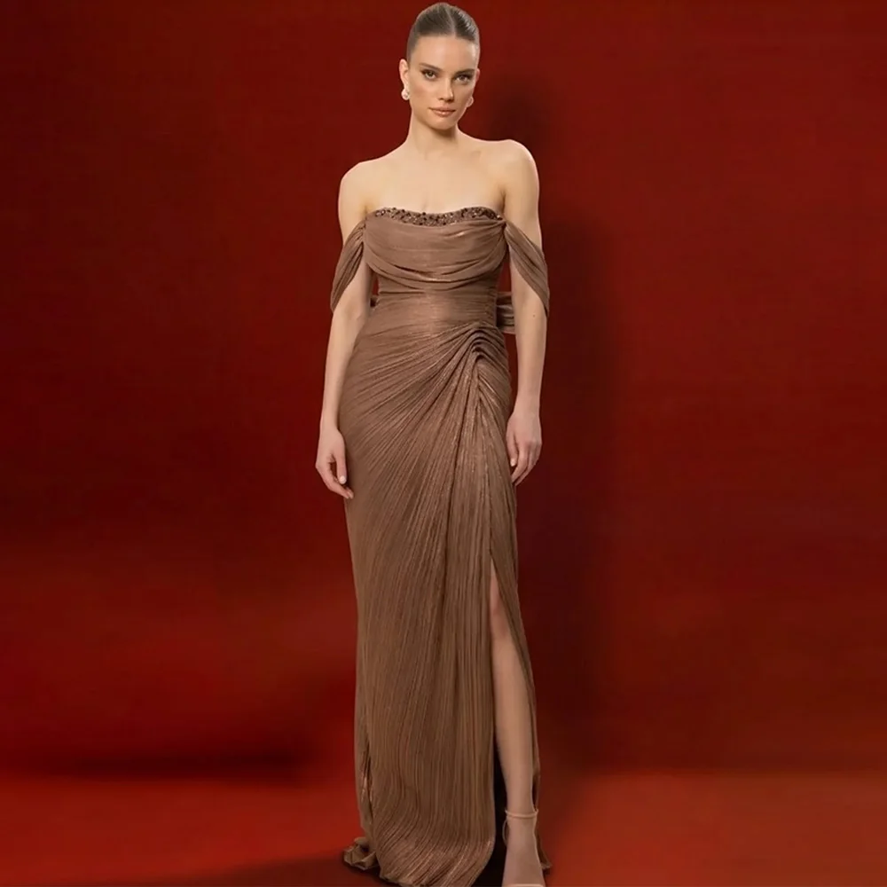 

Customized Off the Shoulder Short Sleeves Evening Dress High Quality Sweep Train Party Dresses Delicate Crystal Prom Dress