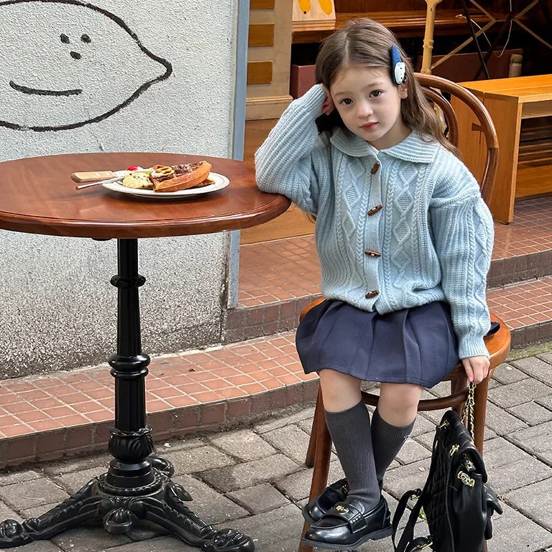 Wla.com-Pull en cachemire doux pour bébé fille de taille moyenne, torsades de pâte frite, pull à revers boutonné pour enfants, œuvres d'art de vache