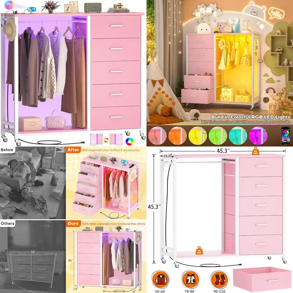 خزانة Cyclysio مع رف معلق، خزانة ذات 5 أدراج قماشية مع رف ملابس، خزانة تخزين علوية خشبية ذات أدراج مع شحن #1