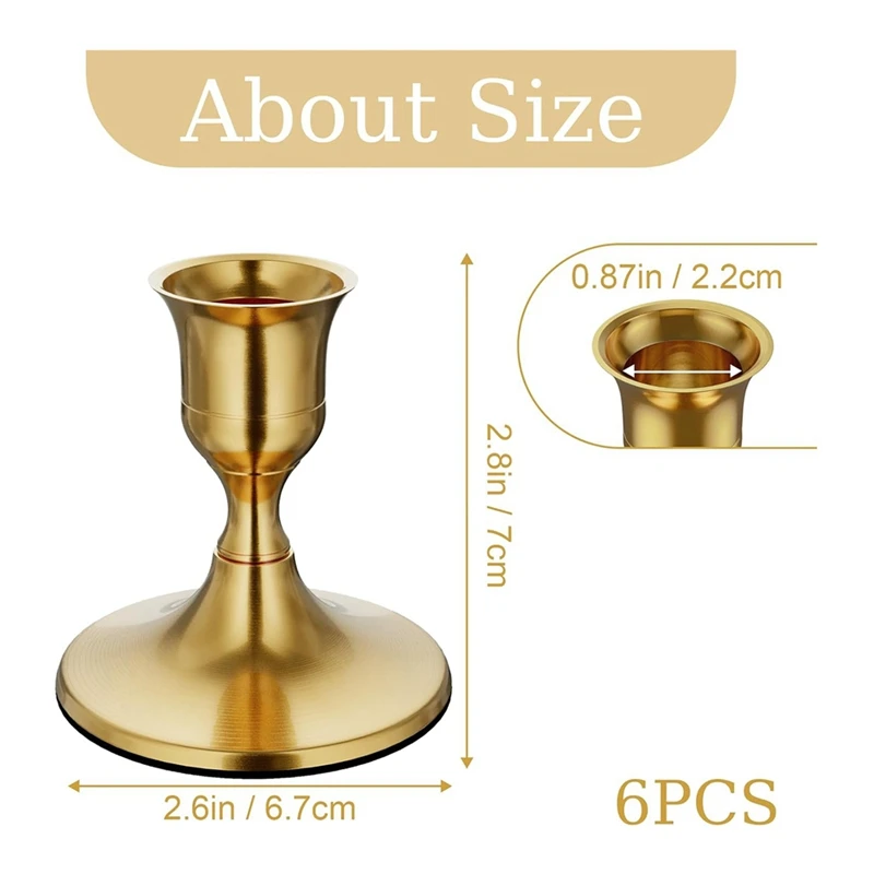 6PCS Brass Gold Taper Candle Holders, Vintage Metal Candlestick Holders For Dinner Room Table Centerpiece Or Mantel