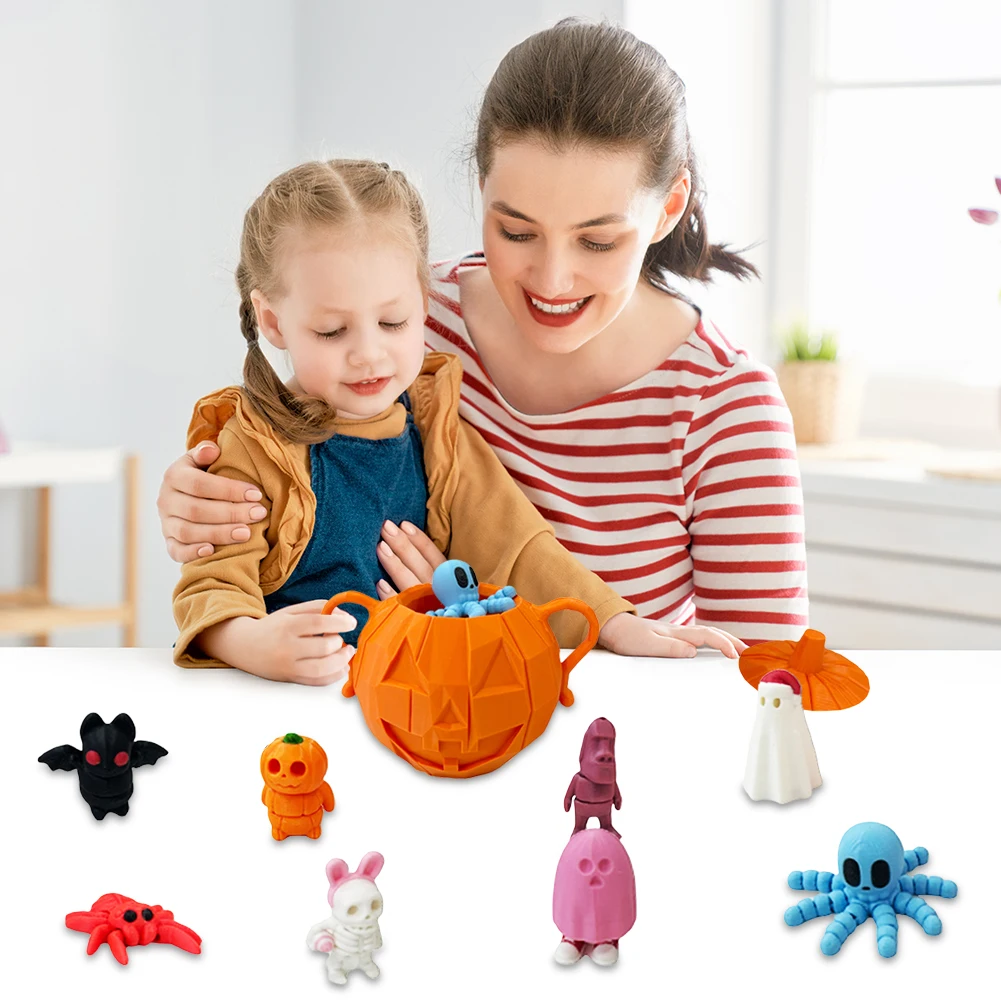 8pcs 3D Printed Mini Animals Set with Container Halloween Toys Pumpkin Bat Spider Skeleton Man Statue for Halloween Decorations