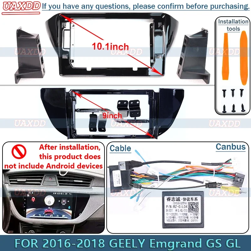 FOR 2016-2018 GEELY Emgrand GS GL 9 10INCH Radio Android Stereo Frame Panel Fascia Dashboard  Cable Harness MP5 Decoder Canbus