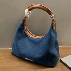 Denim Fabric Shoulder Bags For Women 2024 Luxury Designer Purses And Handbags Blue Underarm Hobos Casual Street Crossbody Totes