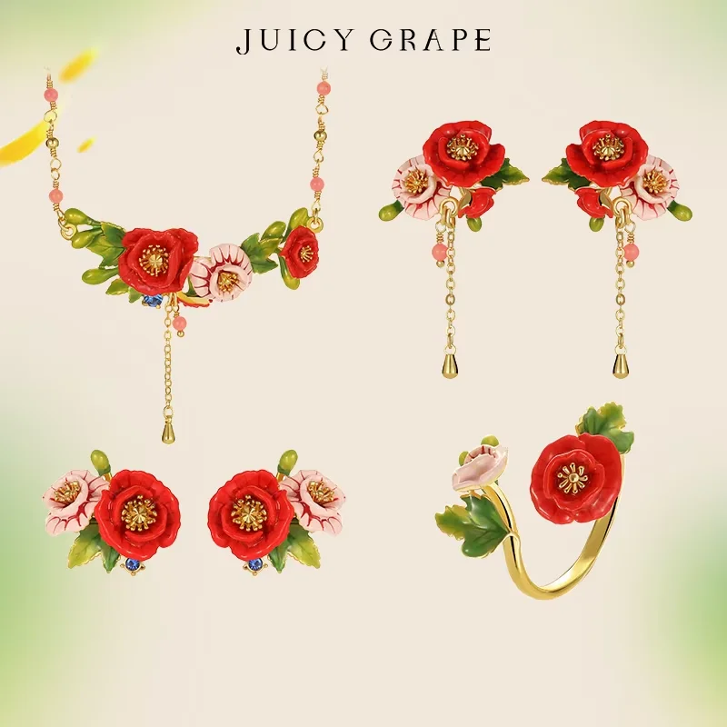 JUICY GRAPE-Conjunto de joyería de flor de amapola roja para mujer, pendiente esmaltado hecho a mano, pulsera, collar, anillo, joyería fina para fiesta de boda de lujo