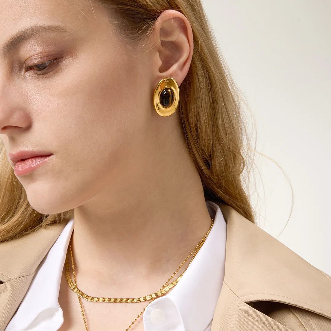 Ars Tiger's Eye Stone Earrings for Women 18K Gold Plated Stainless Steel Oval Stud Earrings Statement No Tarnish Earrings