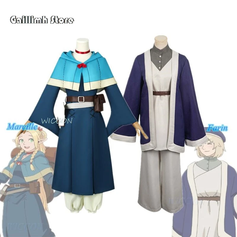 

Delicious in Dungeon Marcille Donato Farin Anime Cosplay Costumes Wig Dress Cloak Necklace Full Set Party Uniform