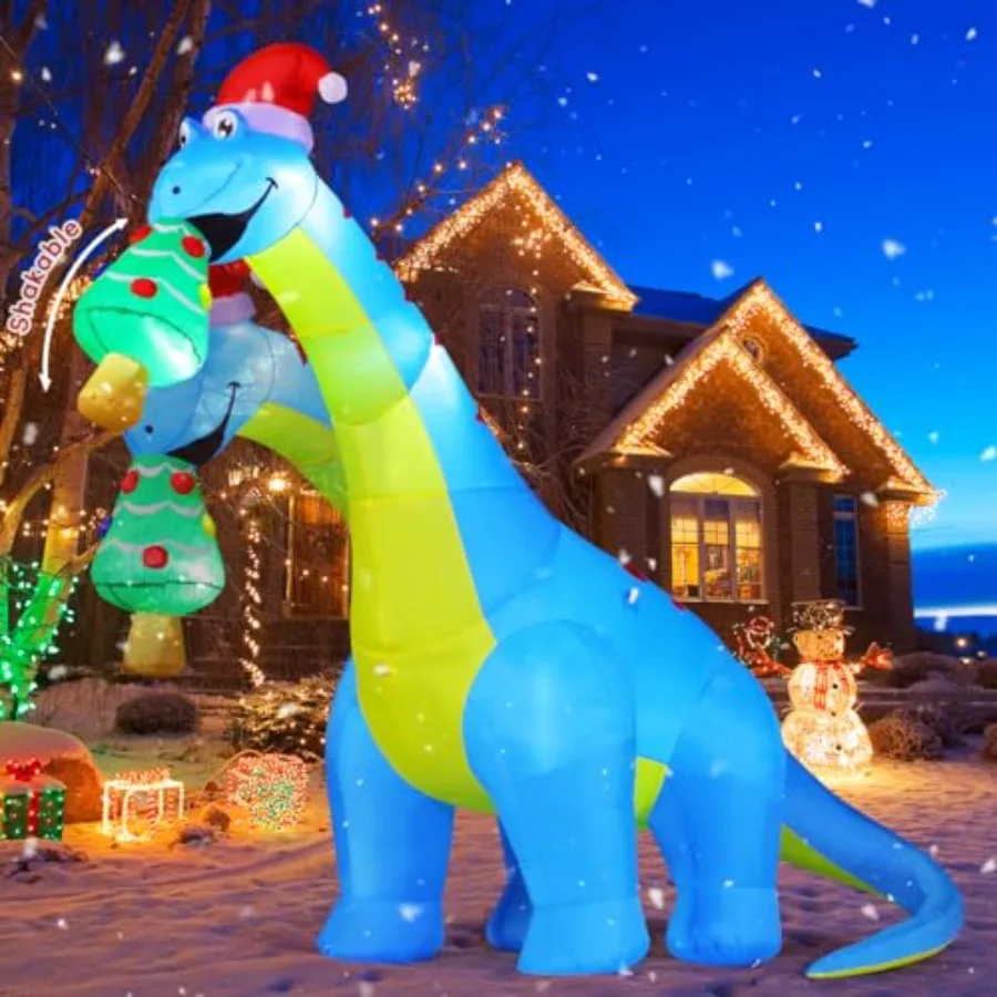 

10FT Christmas Inflatables Outdoor Decorations, Blow Up Dinosaur Eat Christmas Tree Shake Dinosaur with Built-in LEDs for Chris