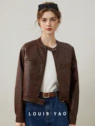 LOUIS YAO 2024 Winter Round Neck PU Women's Coat Fashion Metal Zipper Non Elastic Shoulder Imitation Leather Jacket