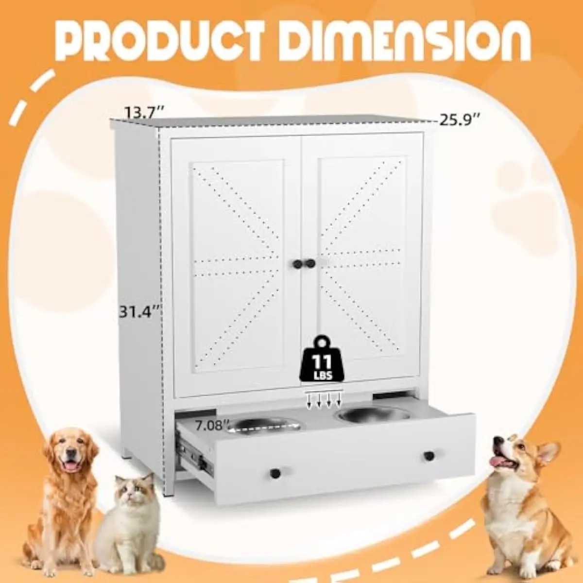 Metal Pet Feeding Station with Pull-Out Drawer and 2 Removable Stainless Steel Bowls, 40L Dog Food Storage Cabinet with Adjustable Shelves and Odor-Free Design for Cats Dogs