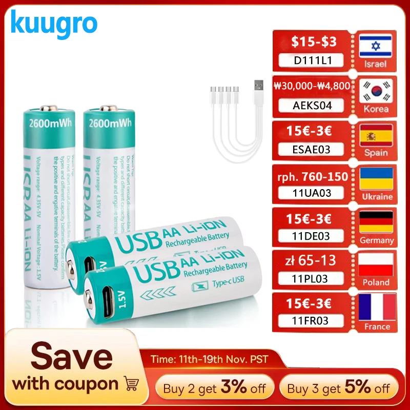 

kuugro USB 1.5V 2600mWh AA Rechargeable Battery Type-C Rechargeable aa Lithium Battery for Remote Control Electric Toys Mouse