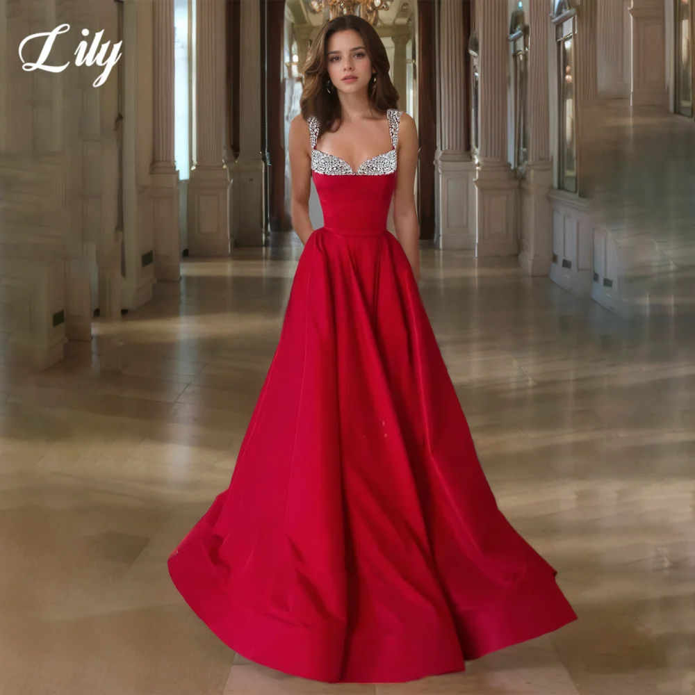 

Lily Red Elegant Satin Prom Gown Sweetheart Spaghetti Straps Party Dresses Shiny Sequins A-Line Formal Gown for Woman Customized